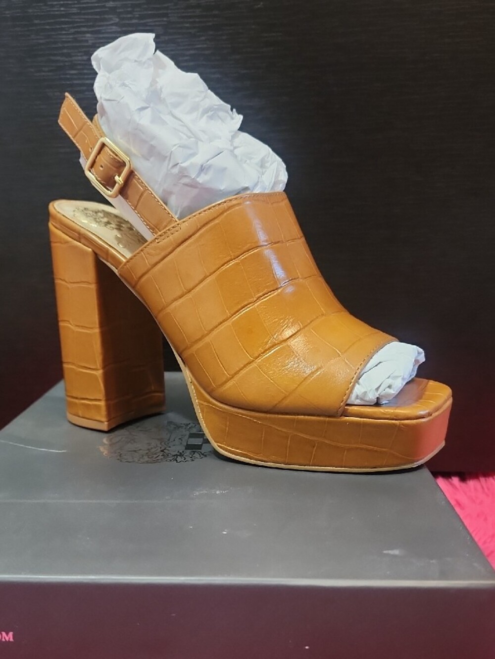 Vince Camuto Cognac Croc-Embossed Peep-Toe Platform Slingback